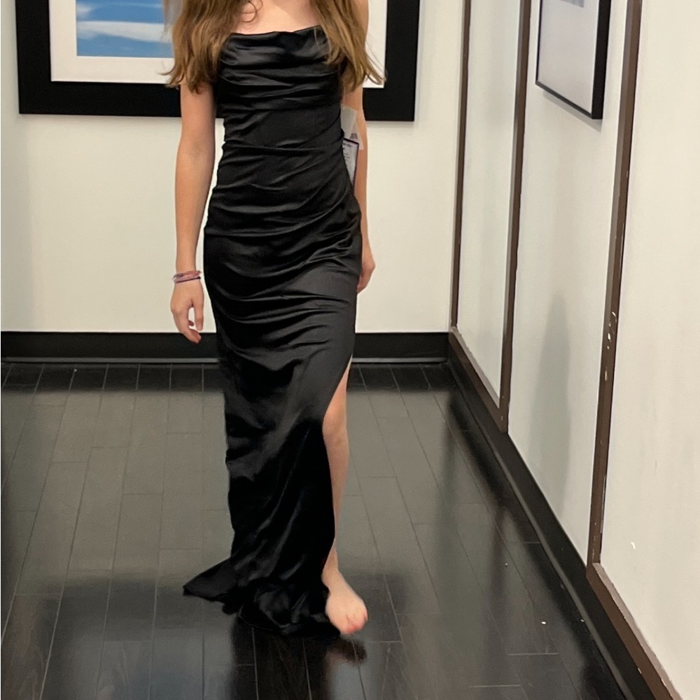 NWT Gorgeous Junior’s Black Satin Evening Dress with Side Slit- S